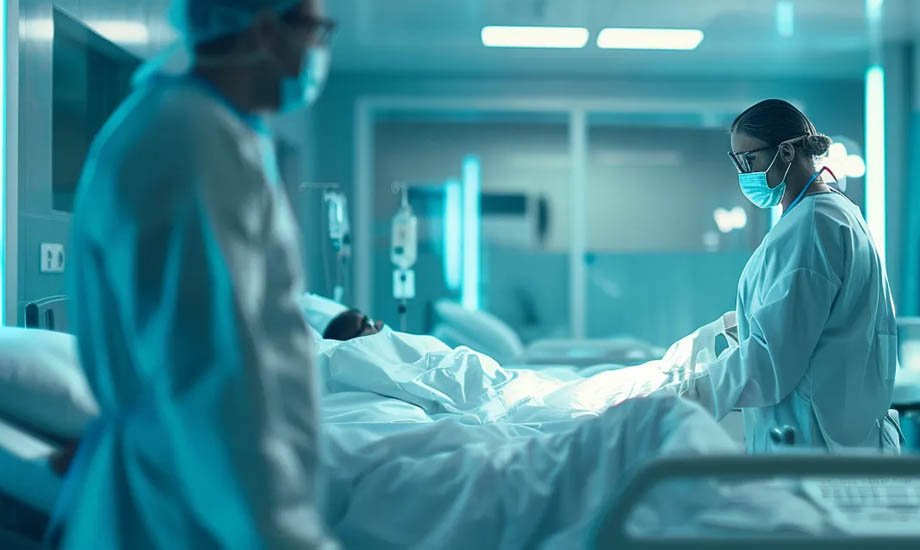 Two hospital workers are positioned in a room, emphasizing the need for secure, HIPAA-compliant faxing technology.
