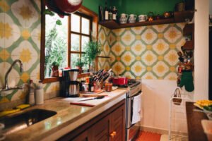 Meal cooking in a pot on a stove in a tiled kitchen with no people